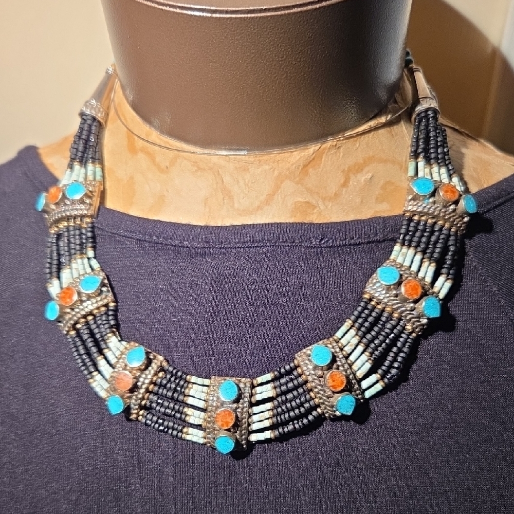 Hand Crafted Black and Turquoise Beaded Necklace